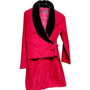 Lennie Petite for Nina Leonard Suede-Feel Red Dress Suit Fur Collar Retro 6